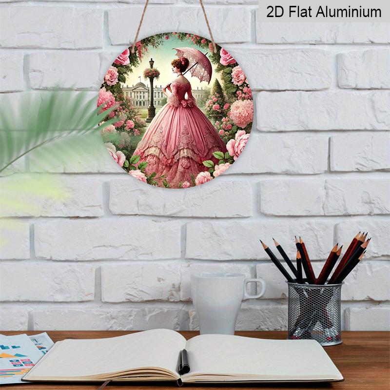 2D Flat 1pc, 8x8 in, Vintage Garden Lady Round Aluminum Metal Sign, 2D High-Definition Print, Home, Kitchen, Cafe, Restaurant, Garage, Porch, Patio