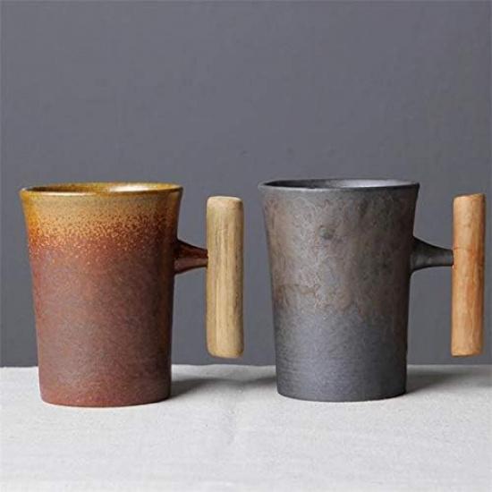 Japanese-style Vintage Ceramic Coffee Mug Tumbler Rust Glaze Tea Milk Beer Mug with Wood Handle Water Cup Home Office Drinkware (Style-3 B)
