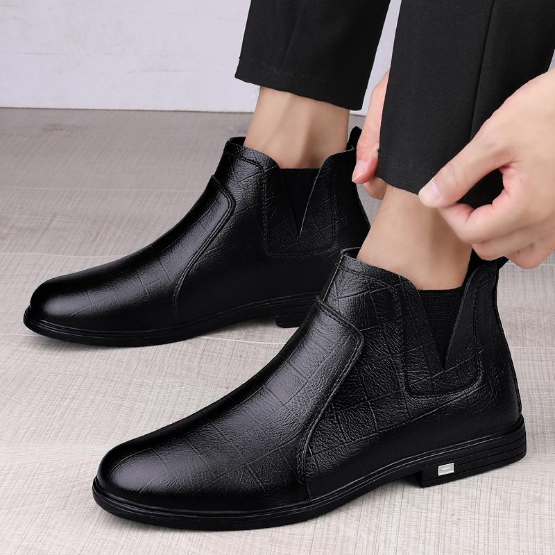 Brand Black/brown Men Ankle Boots Business Comfort Mid Top Leather Shoes Top Layer Cowhide Pattern Fashion Casual High Top Boots