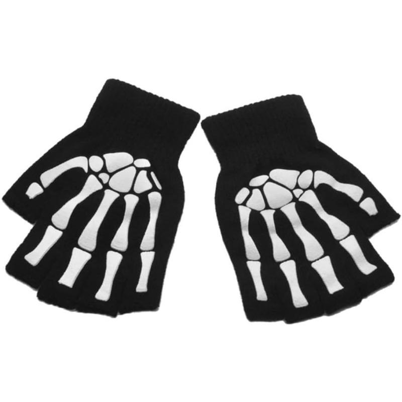 Punk Gloves Halloween Gloves Cosplay Y2k Skeleton Skull Half Finger Gloves Glow in The Dark Stretch Knitted Winter Mittens Adult