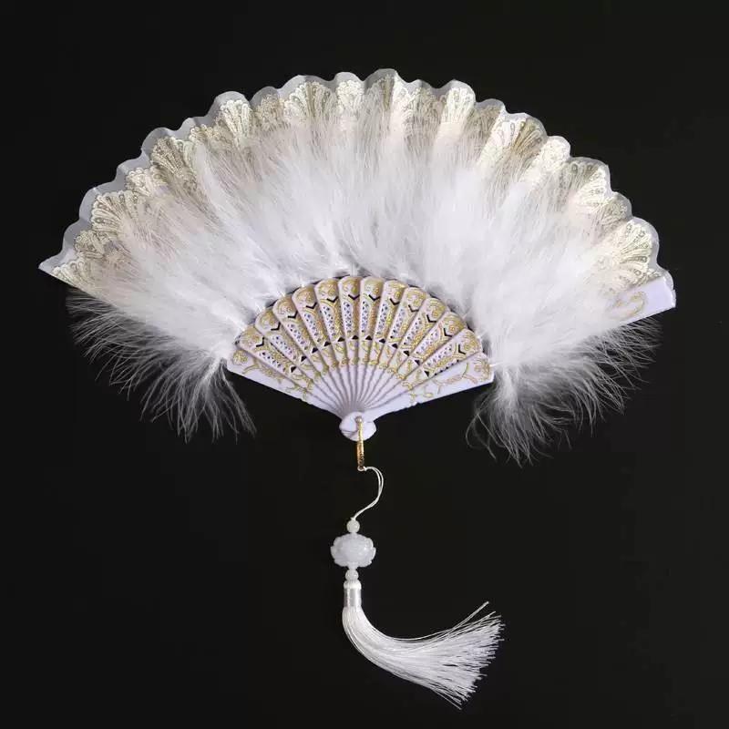 White Feather Fan, Popular Retro Fan, Suitable for Pairing with Cheongsam, Dance, Catwalk, Bird-Of-Prey Style, Palace Style, Fairy-Like Girl Folding