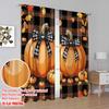 2D Flat Printing 2pcs Festive Autumn Thanksgiving Scene Curtains Fall Pumpkins Plaid Bow Maple Leaves Polyester Without
