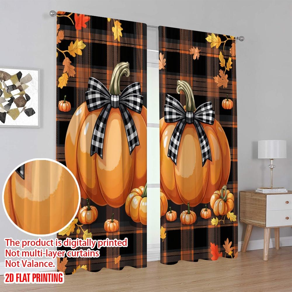 2D Flat Printing 2pcs Festive Autumn Thanksgiving Scene Curtains Fall Pumpkins Plaid Bow Maple Leaves Polyester Without