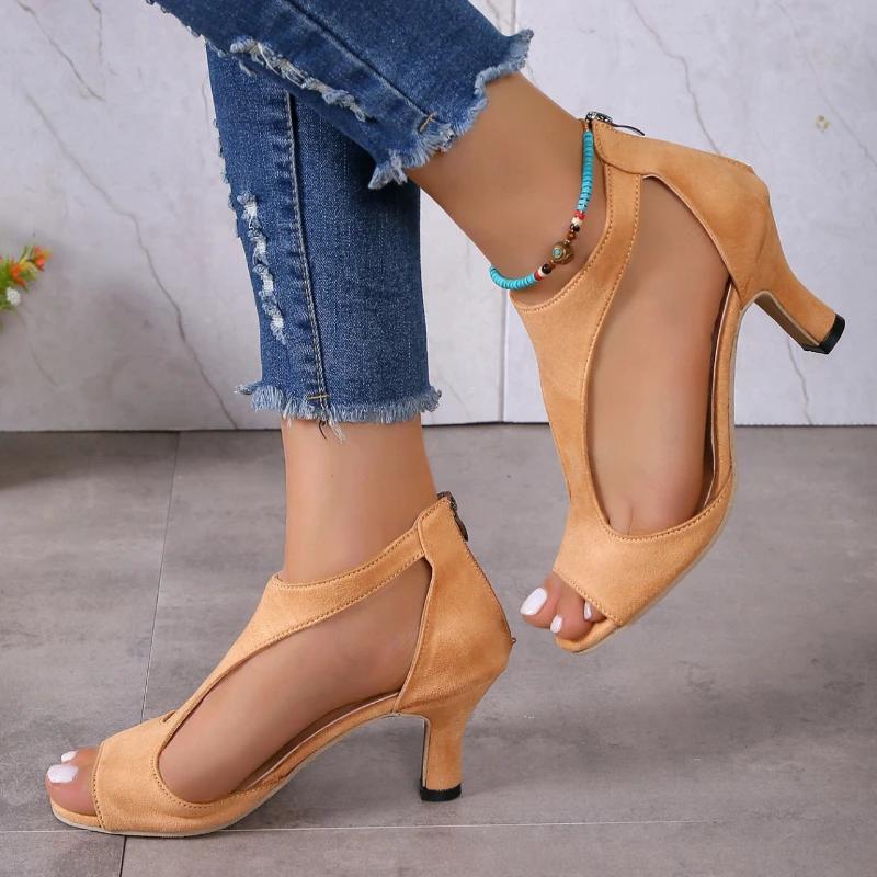 fashion Shoes for Women 2024 Fashion Zip Women's Sandals New Solid Office and Career High Quality Fish Mouth Shoes Heeled Sandals Women