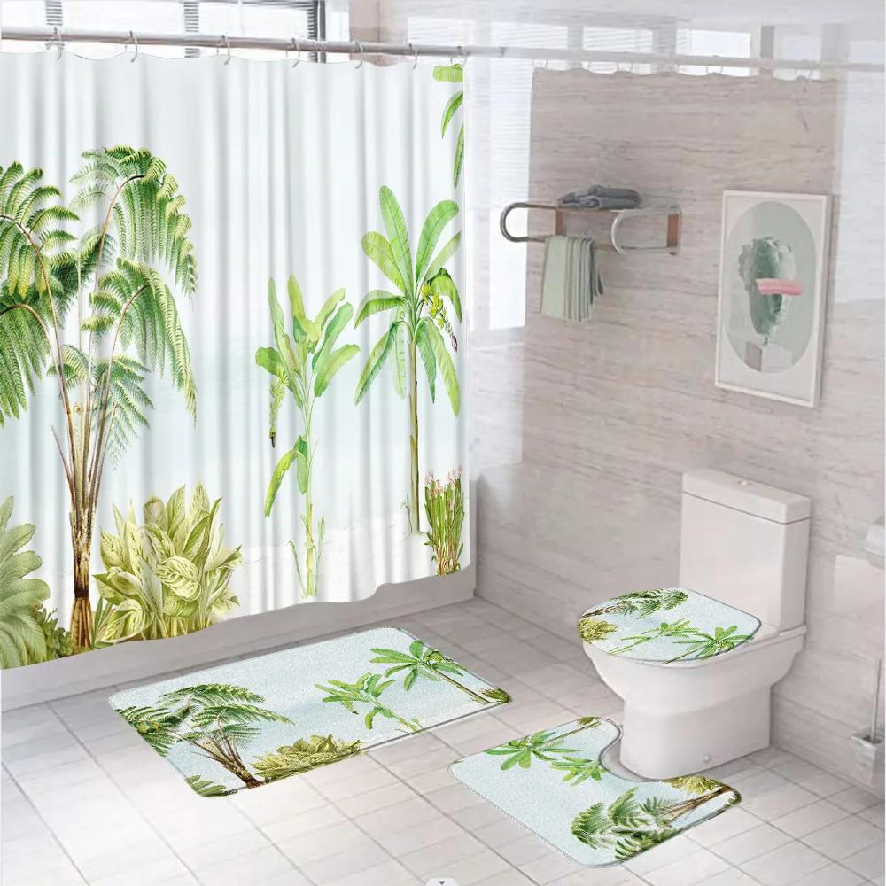Watercolor Plant Floral Shower Curtain Set Country Wild Flower Leaves Bathroom Decor Screen Non-Slip Bath Mat Toilet Rug Carpet