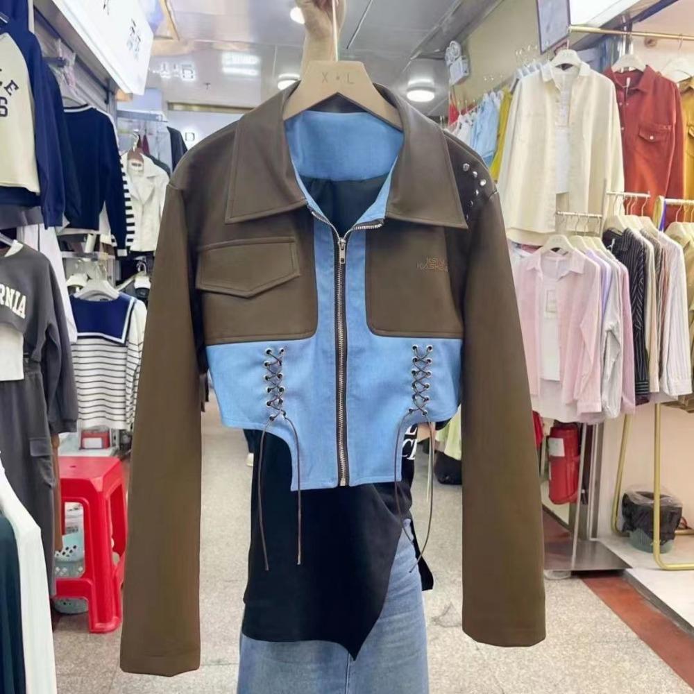 

Высококачественная короткая куртка из искусственной кожи с цветными блоками и шнуровкой на лацканах для женщин. Осень, новый стиль, модный дизайн, универсальный топ L