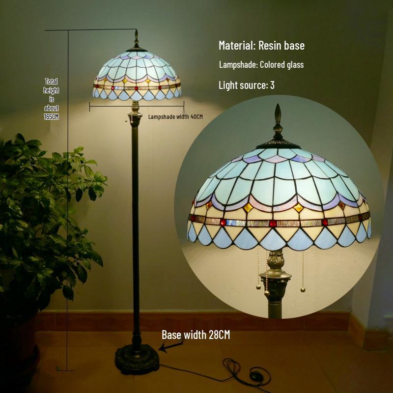 Retro Nordic Style Tiffany Floor Lamp - Colored Glass Light for Living Room, Bedroom, or Study.