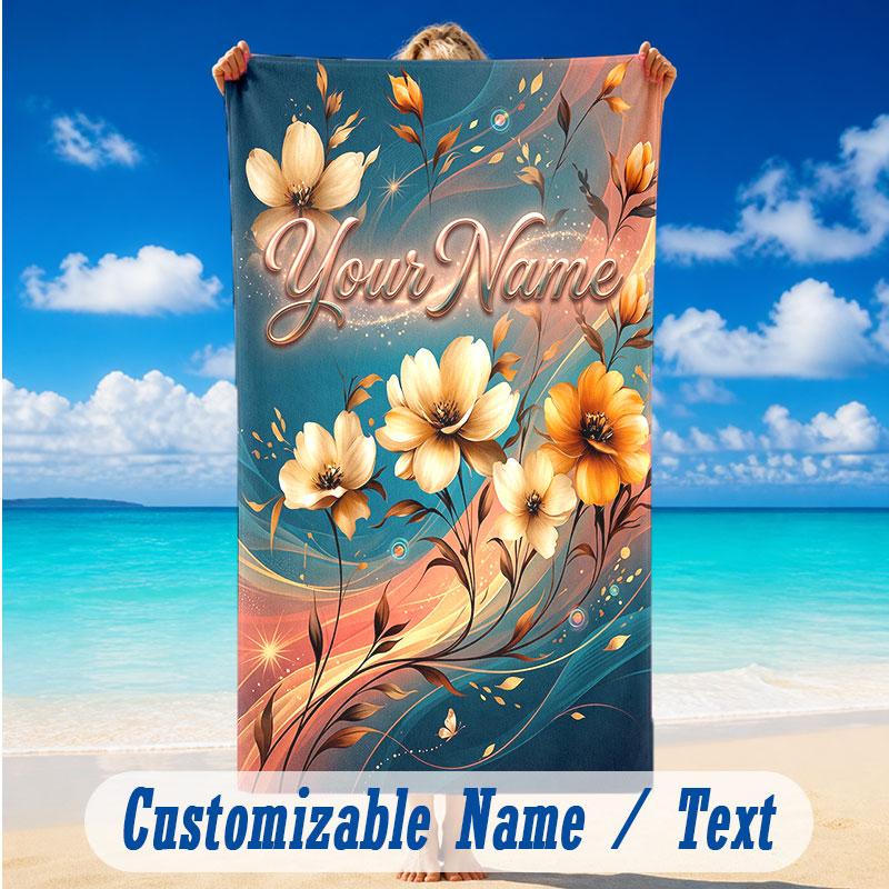 Floral Garden Theme Beach Towel Personalized Custom Name & Text Soft Quick Dry Beach Towel for Swimming Travel