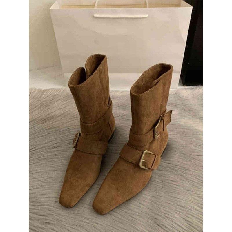 Boots New Season Retro Square Head Suede Short Boots Thick Heel Wide Boots Foldable Brown Western Boots