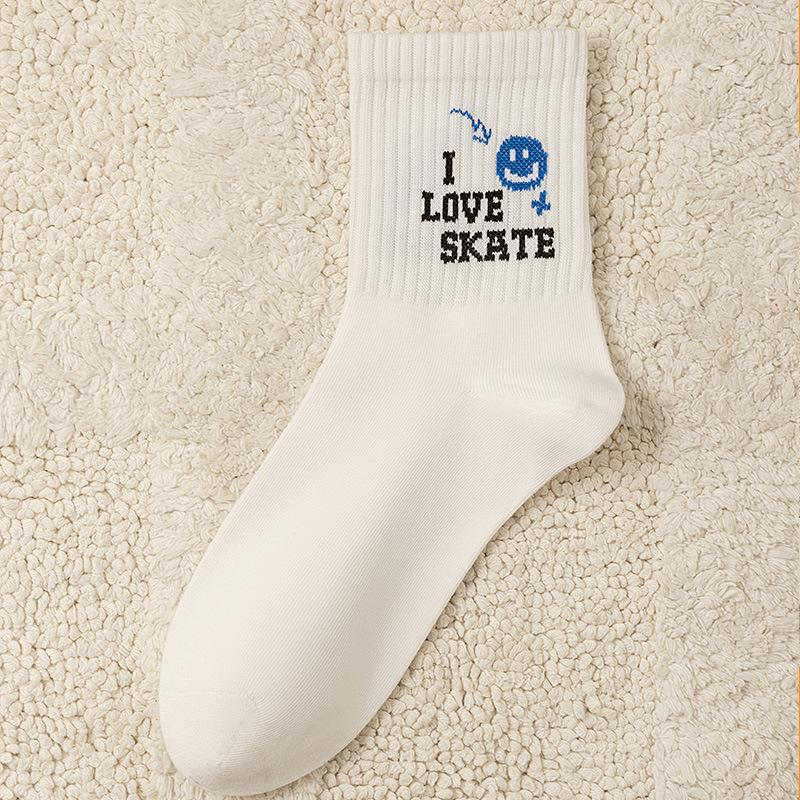 Men's New Trend In Autumn Cartoon Smiling Face Letters Sweat Absorption Breathable Sports Boneless Tube Socks