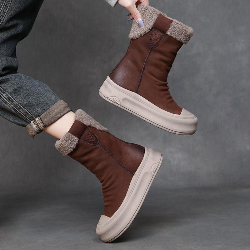 Johnature Genuine Leather Warm Plush Mid-calf Boots Casual Thick Soled Side Zipper Women's Boots