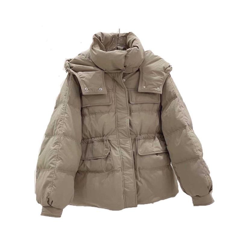 Hooded tooling down jacket women's short 2024 winter new waist loose fashion white duck down jacket large size tide