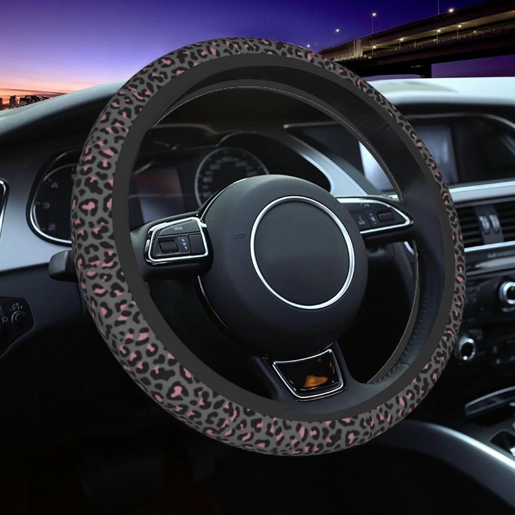 Pink Black Leopard Cheetah Print Steering Wheel Cover, Cute Anti-Slip Breathable Car Accessories Interior Elastic Steering Wheel Cover for Women Fit