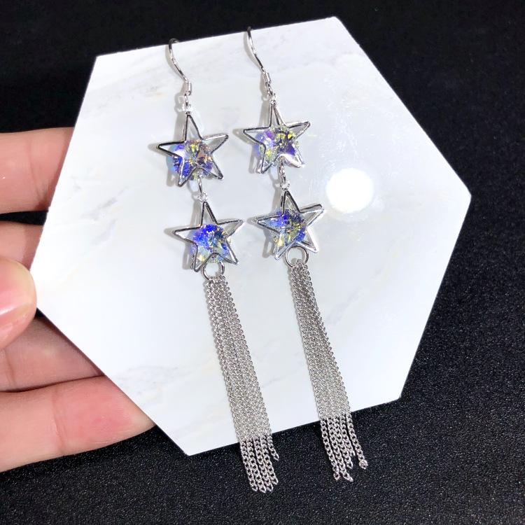 Austrian super flash crystal earrings, stud earrings, niche high-end temperament earrings, long simple earrings, 925 silver needles.