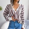 Women Fall Winter Contrast Stripe Tie Balloon Sleeve Sweater Loose All Match Chic Knitted Tops