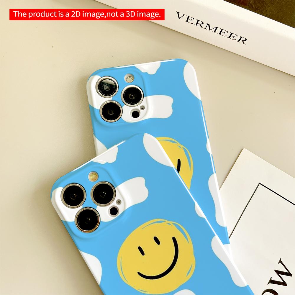 Cheerful Yellow Smile On Blue Clouds Background All Inclusive Film Hard Phone Case, Compatible with iPhone 18 Pro Max 17 16 15 14 13 12 11