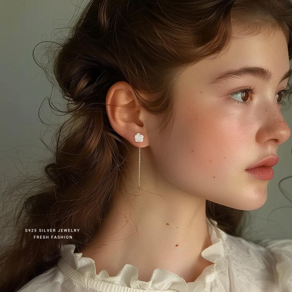 925 Sterling Silver Camellia Ear Line Resin Flower Tassel Delicate Earrings for Women