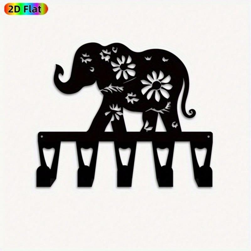 Bohemian Elephant Flower Key Rack Hand Forged Iron Wall Decor with 5 Hooks for Entryway