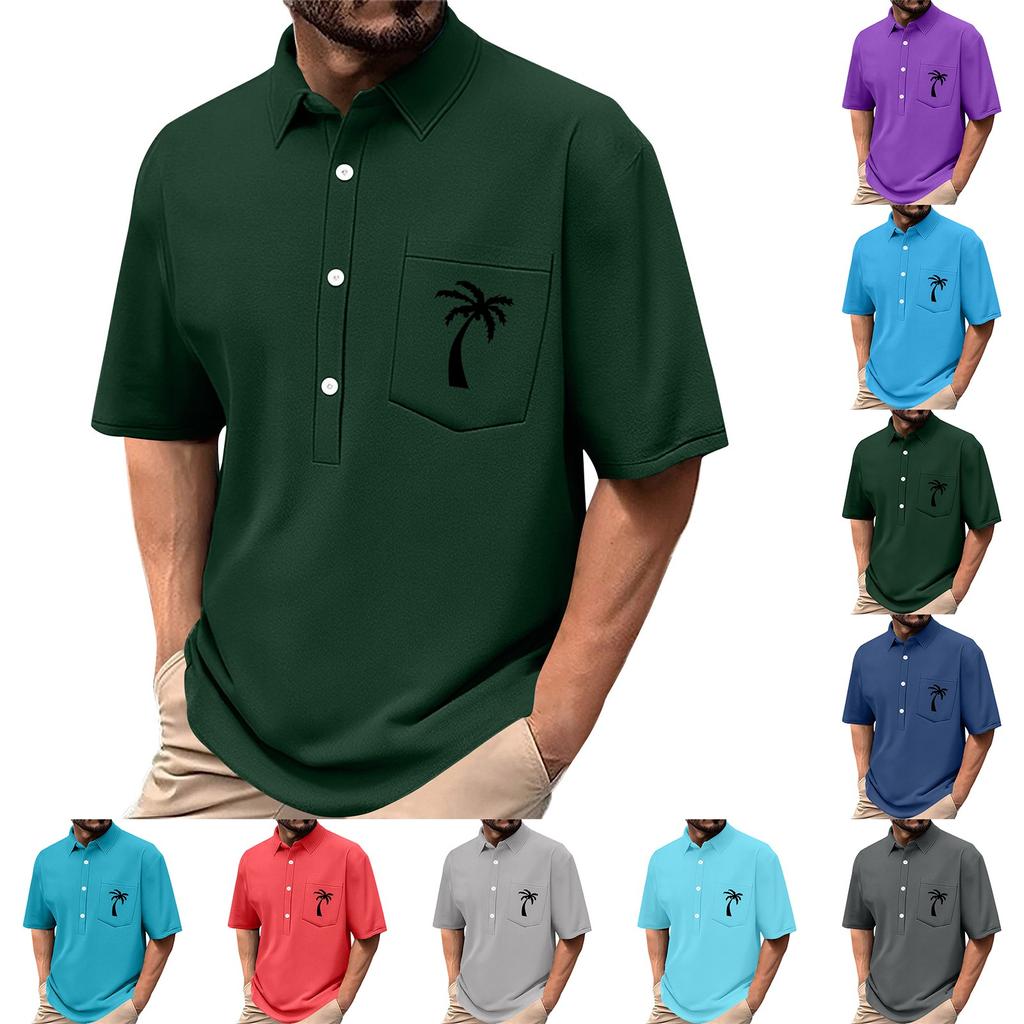 Men's Summer Solid Color Print Four-sided Stretch Lapel Button Pocket Shirt Casual Sports Short-sleeved Top