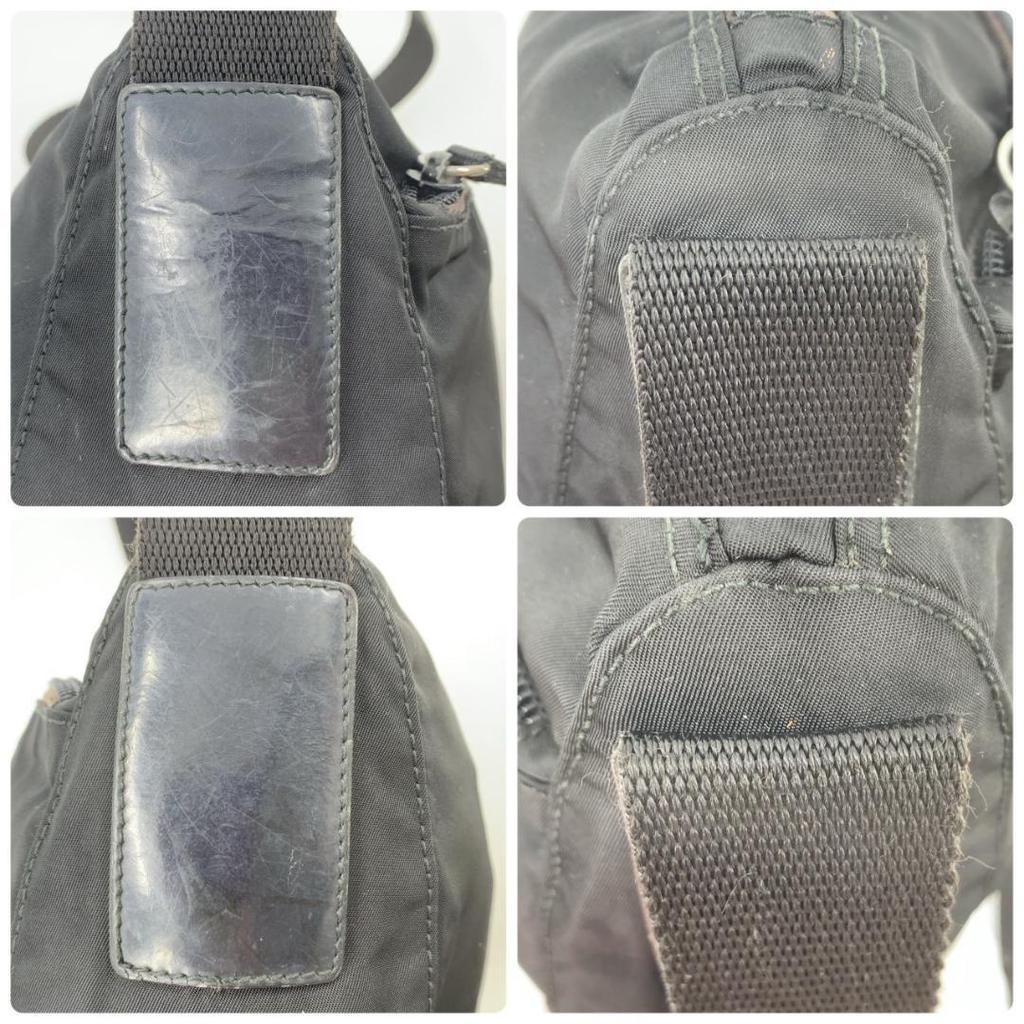 Prada Pocono Schultertasche Kameratasche Crossbody Tessuto Nylon Leder Schwarzer Schultergurt Crossbody Dreieckiges Logo-Schild Weißes Etikett