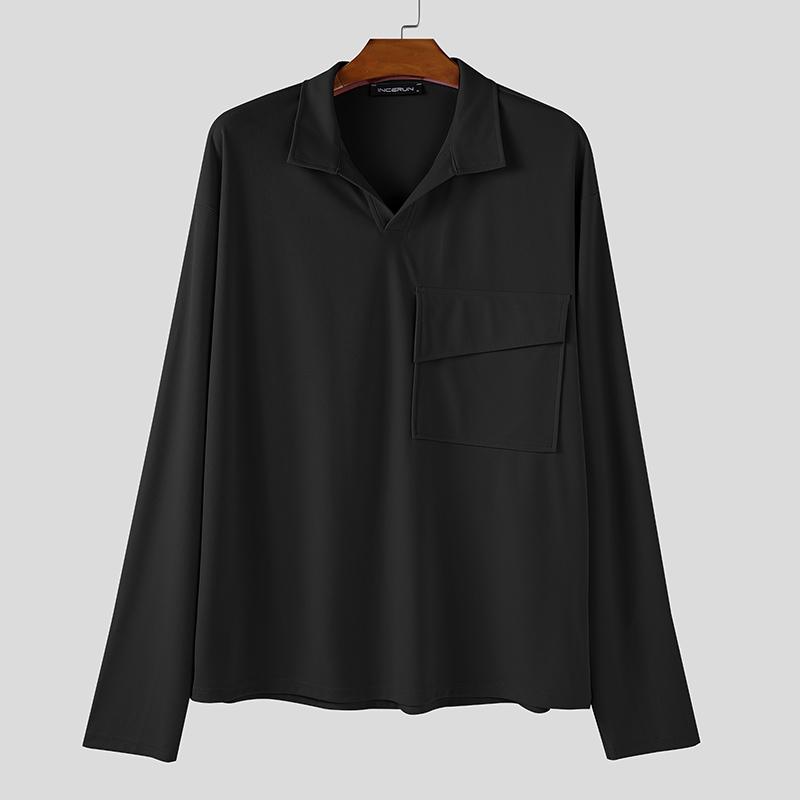 INCERUN Oversized Men Lapel Neck Long Sleeve Solid Loose Casual T-Shirts Tops