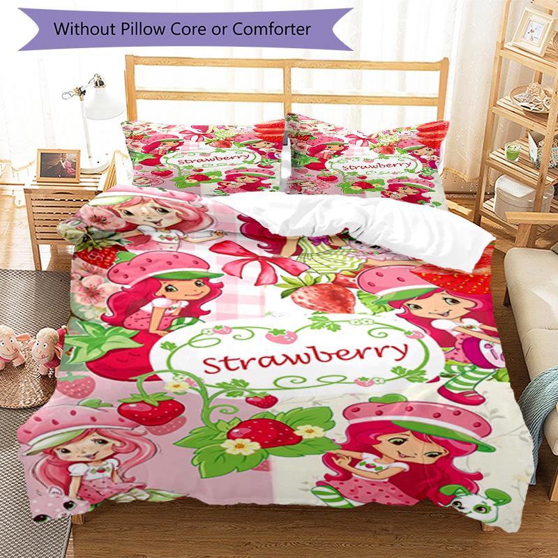 3pcs Strawberry Princess4 Design Cover Set - HD Printed Bedding with 1 Cover and 2 Pillowcases - Perfect for Home and Dorm Decor