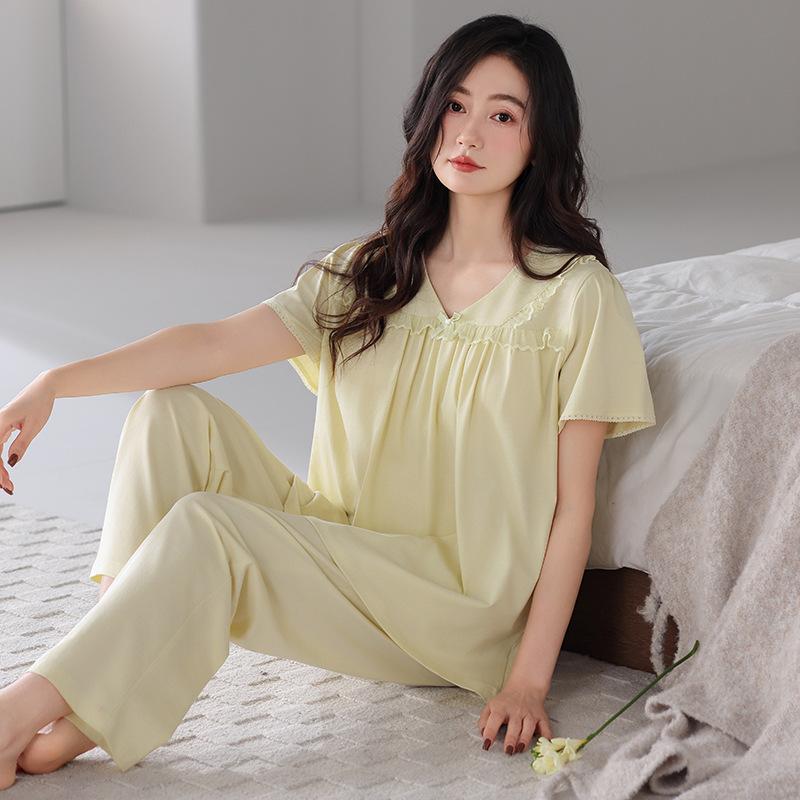 Pajamas women's summer with chest pads pure cotton short-sleeved cropped pants 1011 new thin summer cool loungewear