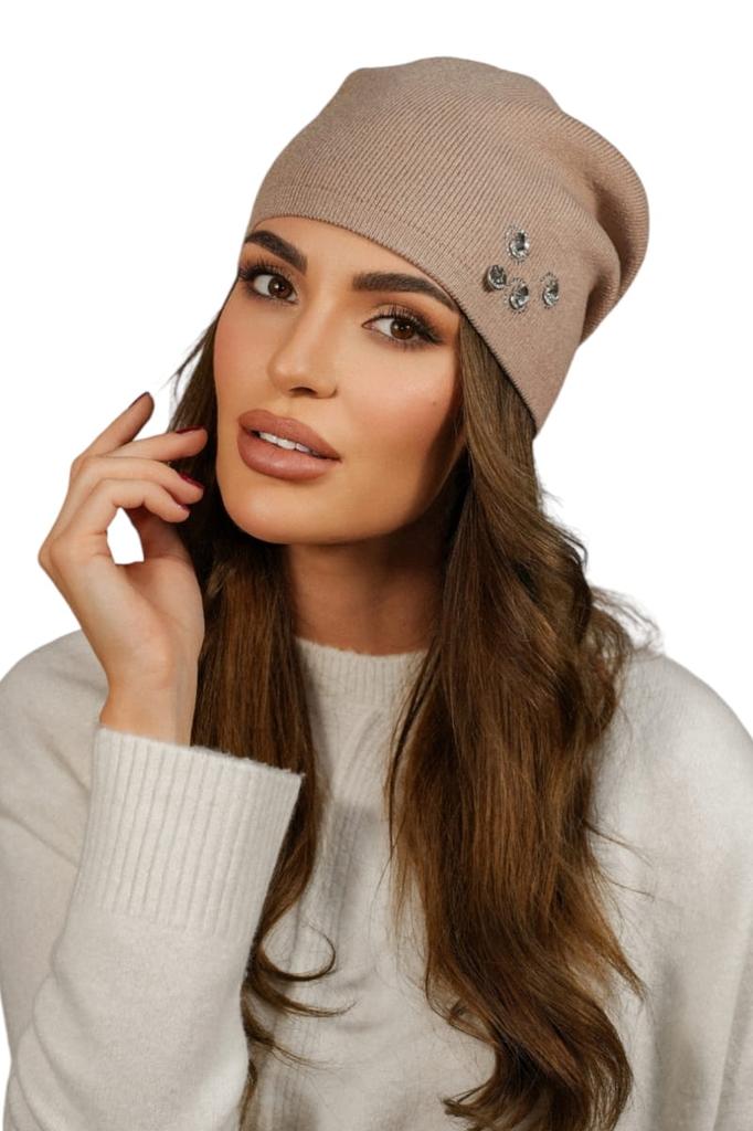 Women' Hat with Zircon Ornament, Autumn-Winter, Dark Beige Color, Kamea-Marcus