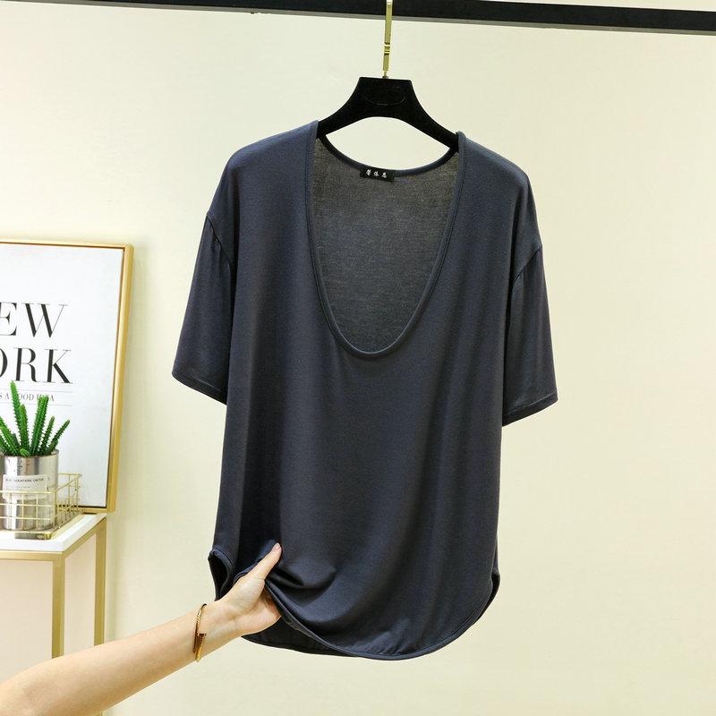 Modal Deep U-Neck Tshirt Summer Loose Short-sleeved T-shirts Simple Thin Tees Casual Tee Tops
