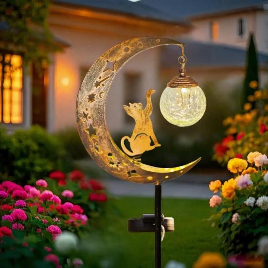 Solar Animal Garden Light, Moon Cat Bird Dog Solar Light with Metal Stake, Solar Powered Outdoor Animal Crescent Light for Patio Pathway Yard Decor