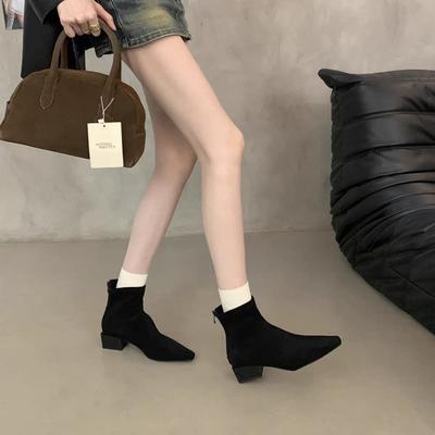 Suede Pointed Thick Heel Short Boots Women's Autumn and Winter New Commuting Versatile Showing Thin Boots Temperament Fashion Boots