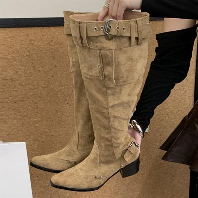 Vintage Women Knee-High Boots Fashion Design Buckle Strap Pointed Toe Square Low Heels Female Shoes  De Mujer