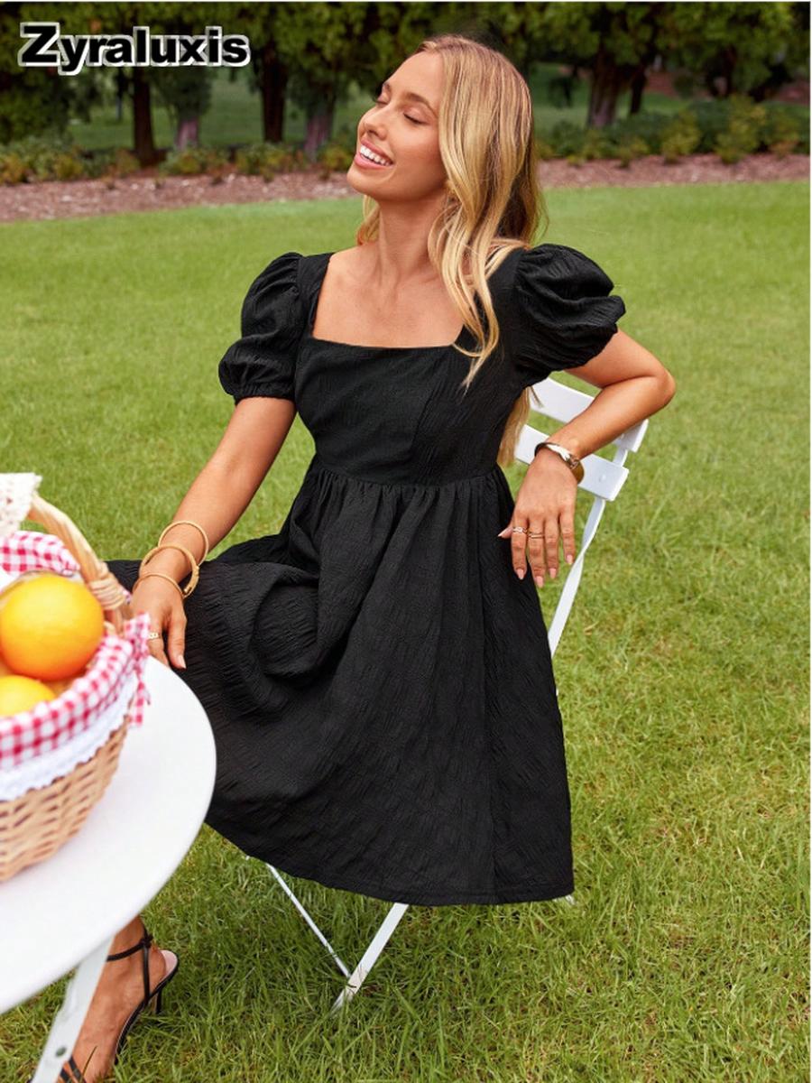 New Summer Women s Fashion Short Sleeve Fit Dress with Square Neck XL