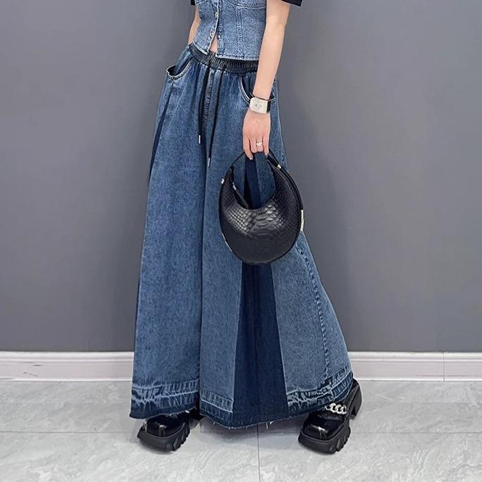 Women's Autumn Wide-Leg Distressed Denim Jeans - Casual, Fashionable, Street-Style Pleated Design