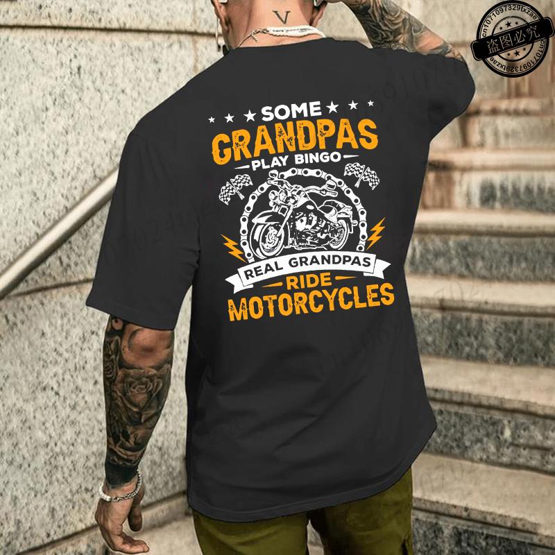 Funny Grandpa Ride Motorcycle Distressed Graphic Print T Shirt Biker Oversized White Short Sleeve Tee