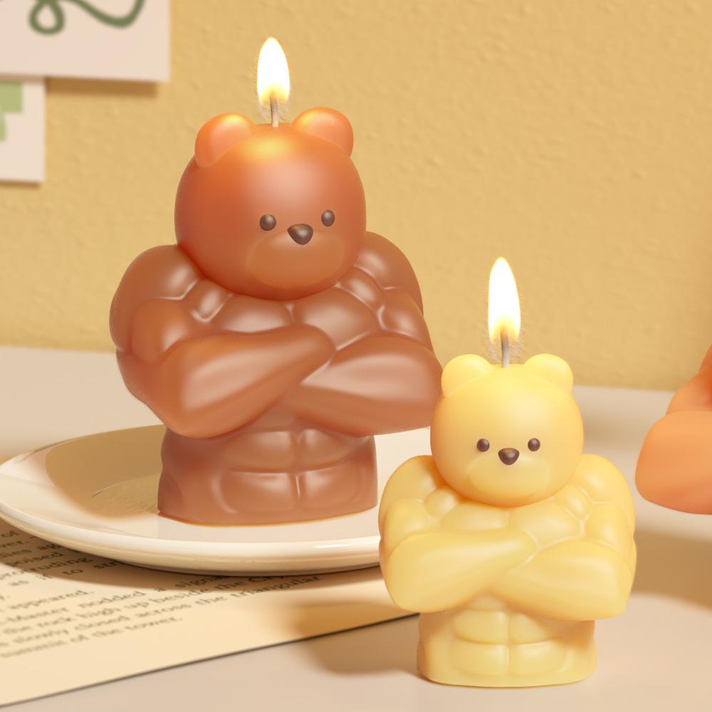 3D Birthday Bear Aromatherapy Candle Mold DIY Cute Muscle Bear Abdominal Muscle Gypsum Mold for Birthday Gift Cake Candle Decor