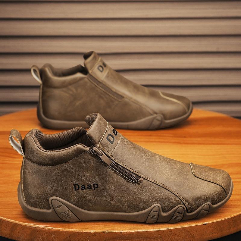 Brand Men's Leather Casual Shoes Fashion Designer Ankle Boots Trend Side Zipper Loafers Waterproof Soft Sole Outdoor Sneakers
