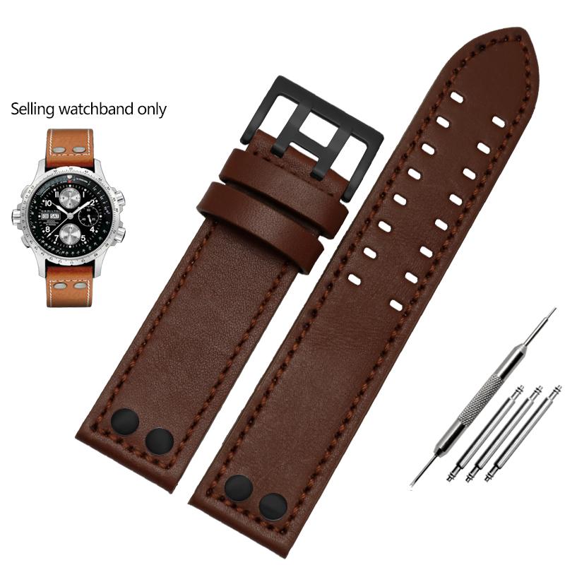 JEDNA Pasek do zegarka ze skóry naturalnej dla serii Hamilton Khaki Aviation Field Męski Pasek do zegarka Bransoleta z nitami Pasek Brązowy 20mm 22mmMN