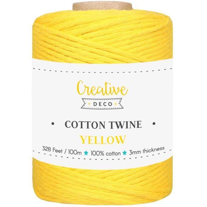 Cordelette - Coton - Corde Macramé - 3mm - 100m - Jaune - 15 Plis