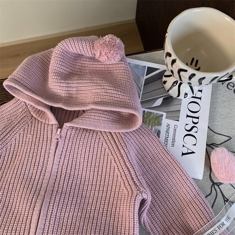 Korean Style 2024 Autumn Girls' Hooded Knit Cardigan & Color Block Leggings Set