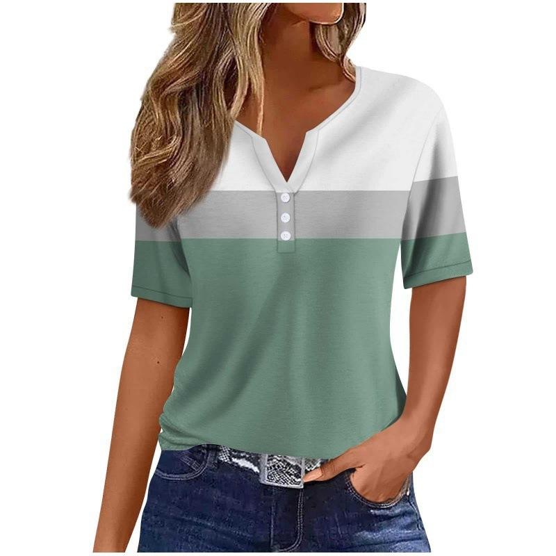 Print Short Sleeve European Style Women Clothing T-Shirt V-Neck