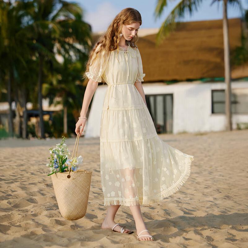 Women's French Puff Sleeve Embroidered Tassel Dress
