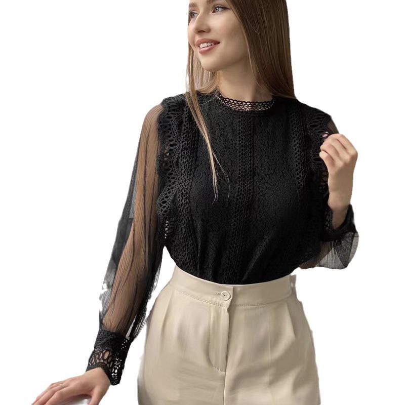 Nové elegantní jednobarevné síťované krajkové top s dlouhým rukávem a nabíranými rukávy pro ženy