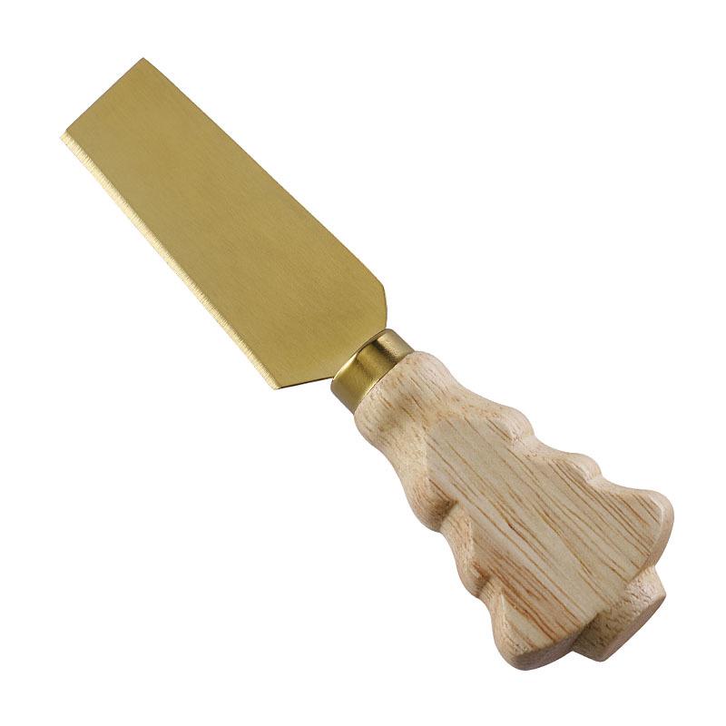 Rubberwood Stainless Steel Cheese Cutlery Set - Gold Cheese Knife, Fork, Shovel, and Butter Knife with Christmas Tree Handle