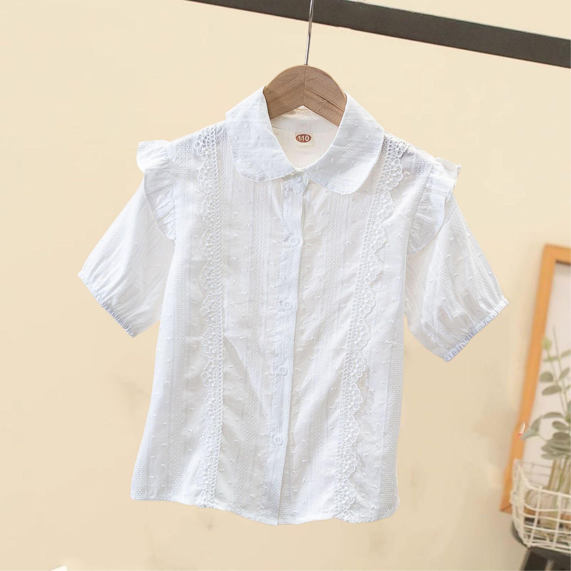 

Рубашки с короткими рукавами для девочек, летние модные студенческие корейские белые рубашки, универсальные топы с кукольным воротником 160