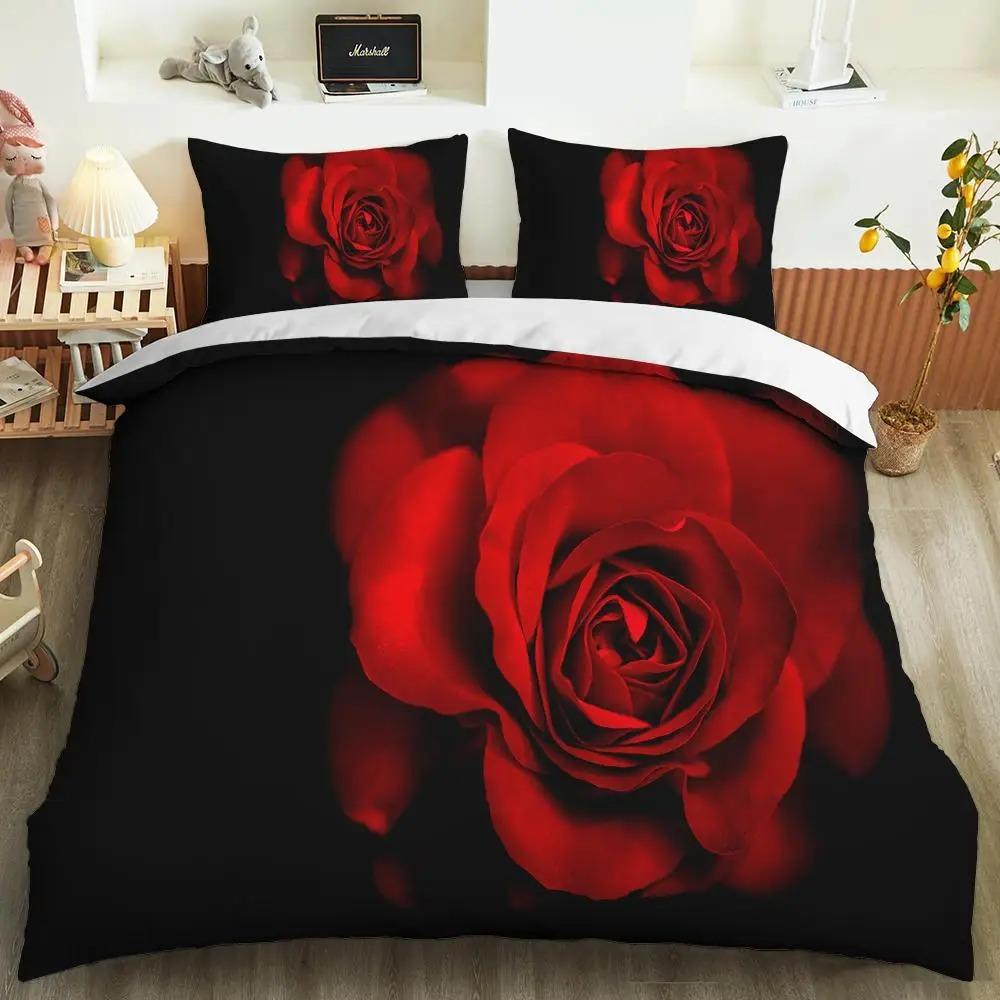 Red Rose Duvet Cover Collection Full Size Microfiber Red Flower Quilt Cover For ValentineS Day MotherS Day Wedding Soft Bedding Collection