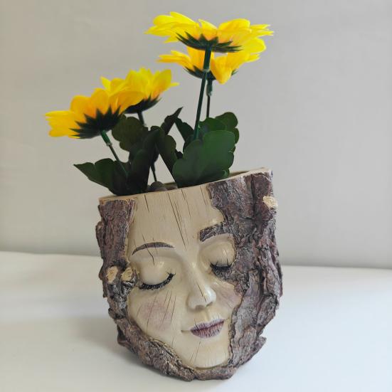Handmade Girl Face Stump Planter 5" Resin Head Tree Stump Flower Vase with Drainage Hole for Outdoor Garden Patio Desk Decor