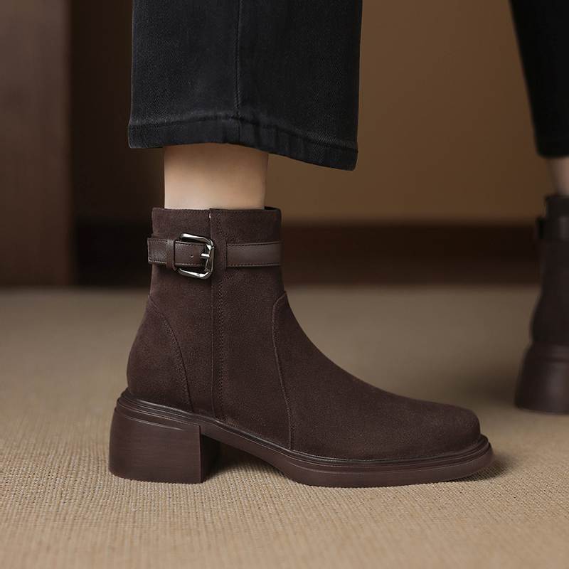 Krazing Pot Cow Suede Nubuck Round Toe Thick Heels Chelsea Boots Size 42 Zipper Women Keep Warm Ankle Boots