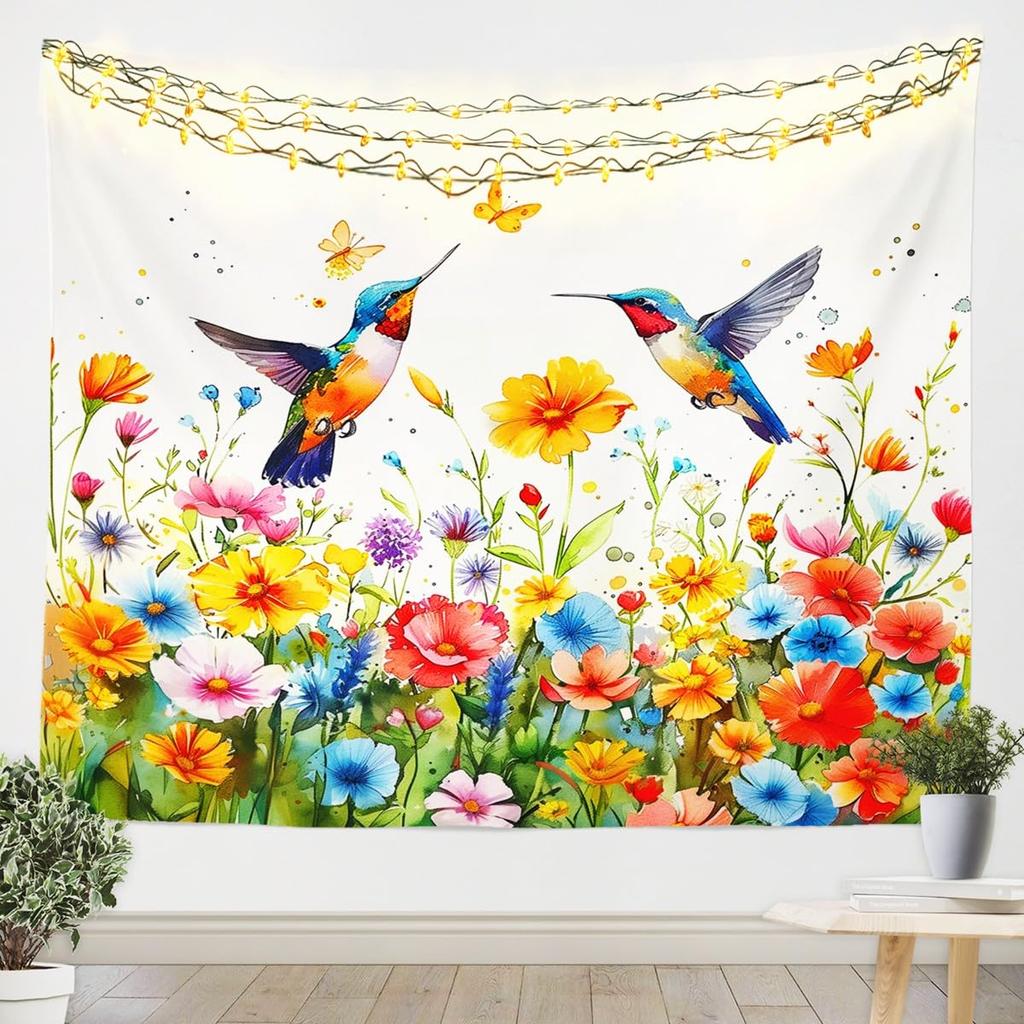 Watercolor Hummingbird Tapestry, Vibrant Wall Hanging with Colorful Hummingbirds & Cherry Blossoms on Purple Background