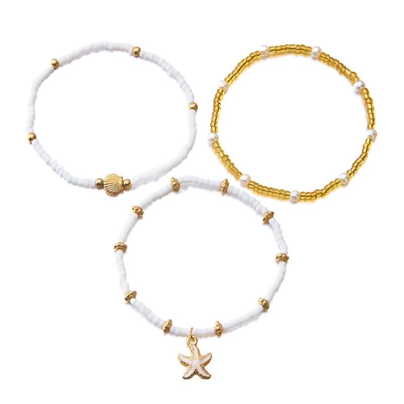 Fashionable Natural Shell Pearls Elastic Jewelry Triple Wear Neck Chain Wrist Ankle Decoration Coastal Styles Use